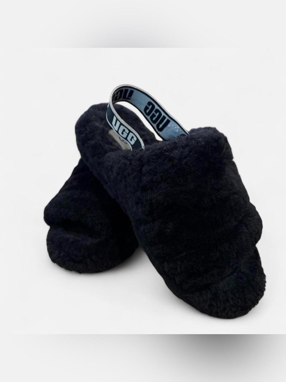 UGG Black Fluff Yeah Slides with Logo Strap Size 9